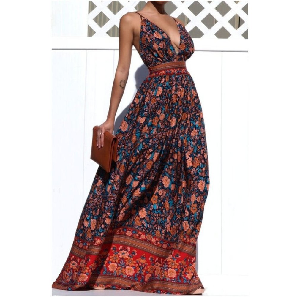 Boho Gypsy Floral Print Open Back Maxi Dress Bohemian Chic Long Dress - Picture 2 of 8
